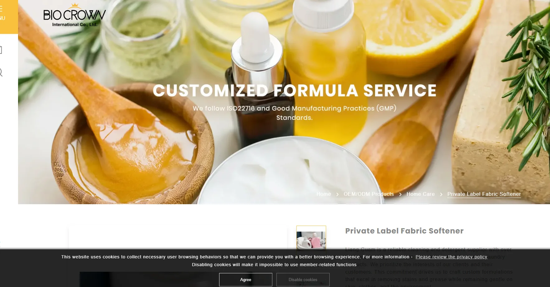 Various natural ingredients including honey, lemon, and rosemary alongside cosmetic containers, promoting Bio Crown's custom formula service.